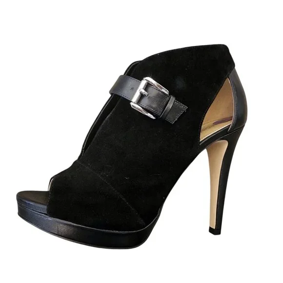 New MICHAEL Kors Black Suede Leather Isabella Open Peep Toe Heels Bootie Shoes - Picture 13 of 16